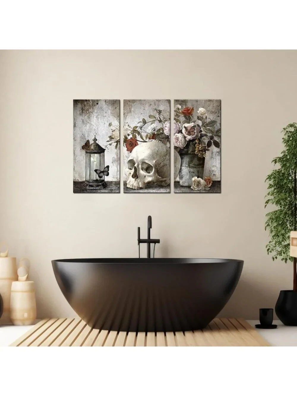 Large Vintage Skull Canvas Wall Art Set - Floral Halloween Decor for Home